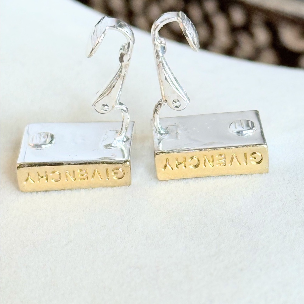 Givenchy Clip On Earrings Blue Crystal Checkerboard Signed Vintage Designer - Picture 10 of 10